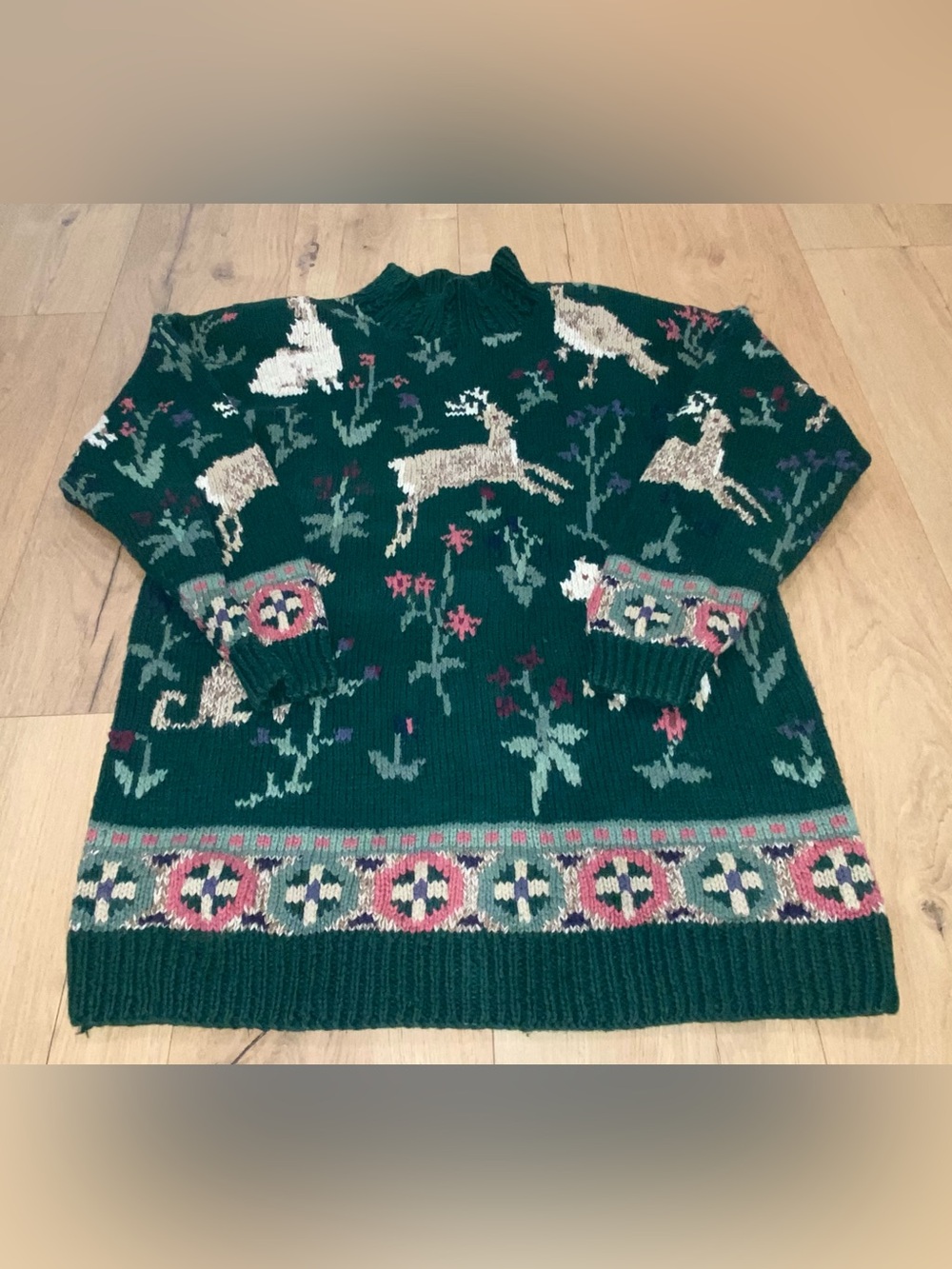 Paris Sports Club Hand Knitted Women's Dark Green Deer Turtleneck Sweater Size M